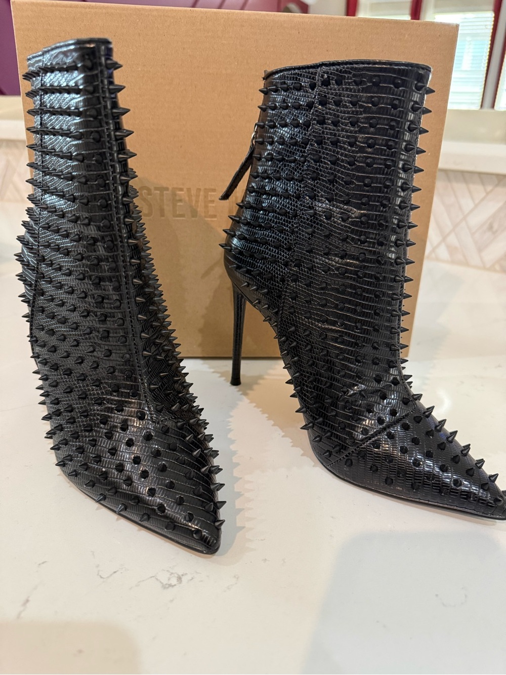 Steve Madden Black Spike-Embellished Pointed Toe Heeled Boots - Picture 3 of 9